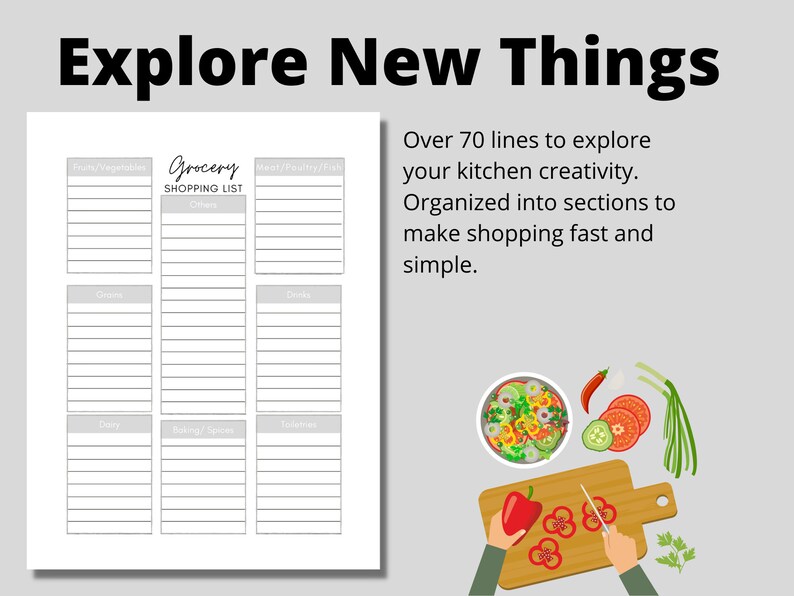 May include: A printable grocery shopping list with over 70 lines to help organize your kitchen needs. The list is divided into sections for fruits and vegetables, grains, dairy, baking and spices, meat, poultry and fish, and other items.