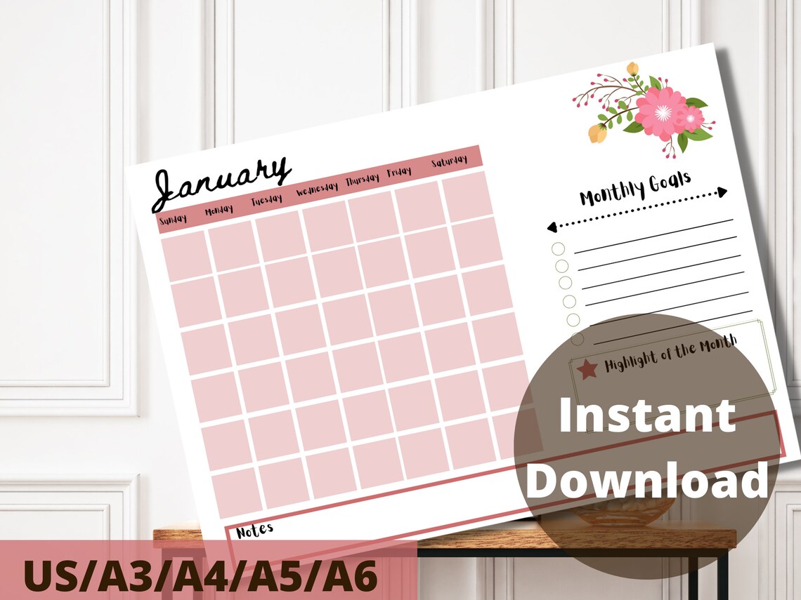 Blank Calendar Printable - Large Wall Calendar- Monthly Calendar- Cute ...