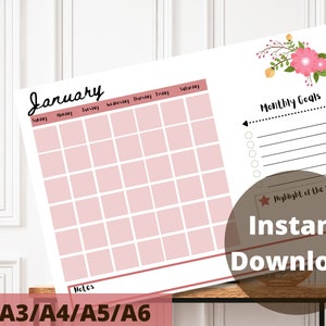 Blank Calendar Printable - Large Wall Calendar- Monthly Calendar- Cute Pink Perpetual Calendar