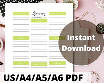 May include: A printable grocery shopping list template with categories for fruits and vegetables, grains, dairy, baking and spices, meat, poultry and fish, drinks, and toiletries. The template is available in US letter, A4, A5, and A6 sizes in PDF format.