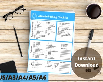 The Ultimate Travel Packing Checklist, Cruise Packing List, US/A4/A5/A6 PDF Printable in Blue