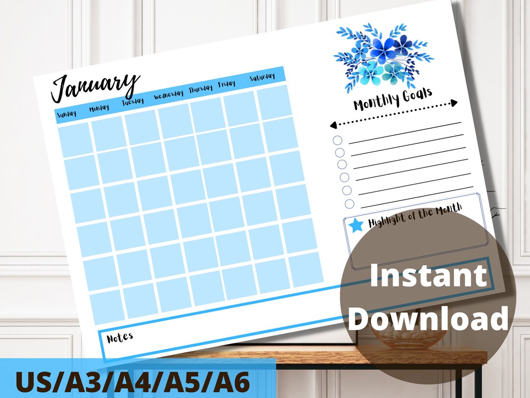 Blank Calendar Printable - Large Wall Calendar- Monthly Calendar- Cute ...
