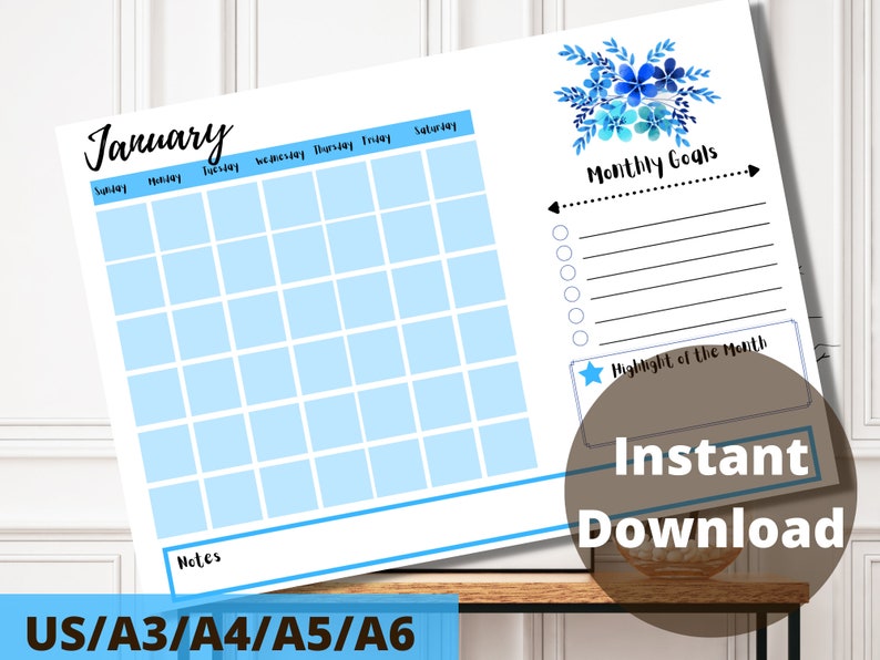 Blank Calendar Printable Large Wall Calendar Monthly Calendar Cute Blue ...