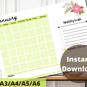 Blank Calendar Printable Large Wall Calendar Monthly Calendar Cute Lime ...