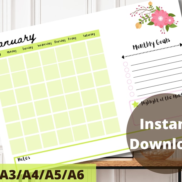 Blank Calendar Printable Large Wall Calendar Monthly Calendar Cute Lime ...