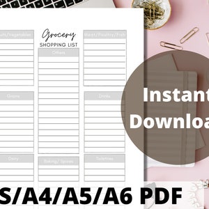 May include: A printable grocery shopping list template in PDF format. The list is divided into categories: Fruits/Vegetables, Grains, Dairy, Baking/Spices, Meat/Poultry/Fish, Drinks, and Other. The template is available in US Letter, A4, A5, and A6 sizes.