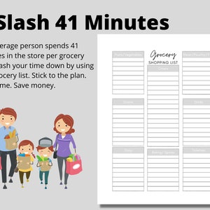 May include: A printable grocery list template with the title "Grocery Shopping List". The list is divided into categories: Fruits/Vegetables, Others, Meat/Poultry/Fish, Grains, Dairy, Baking/Spices, and Toiletries.