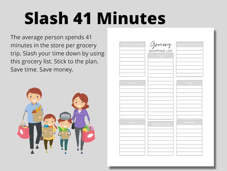 May include: A printable grocery list template with the title "Grocery Shopping List". The list is divided into categories: Fruits/Vegetables, Others, Meat/Poultry/Fish, Grains, Dairy, Baking/Spices, and Toiletries.