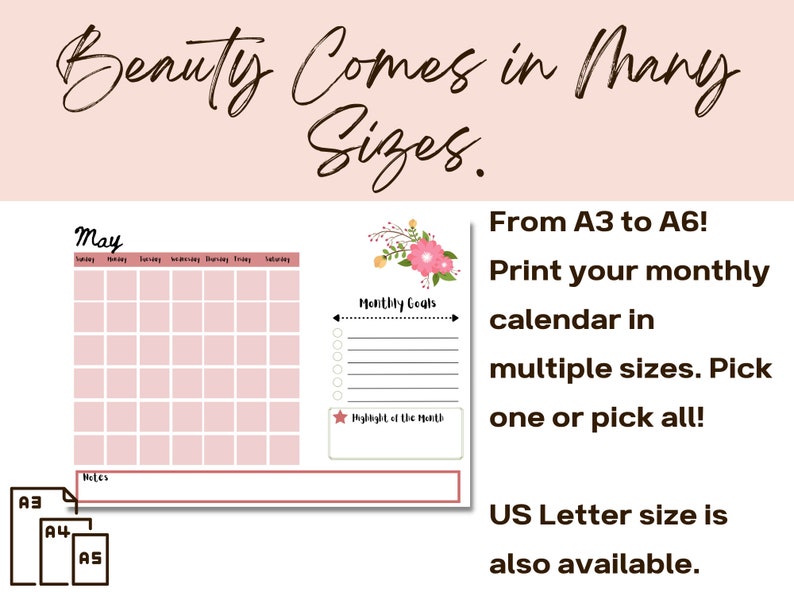 Blank Calendar Printable - Large Wall Calendar- Monthly Calendar- Cute ...