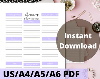May include: Printable grocery shopping list template in US Letter, A4, A5, and A6 sizes. The template is divided into sections for fruits/vegetables, grains, dairy, baking/spices, meat/poultry/fish, drinks, and toiletries. The template is in black and white with a light purple background.