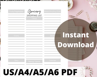 May include: A printable grocery shopping list template with categories for fruits and vegetables, grains, dairy, baking and spices, meat, poultry, fish, drinks, and other items. The template is available in US letter, A4, A5, and A6 sizes in PDF format.
