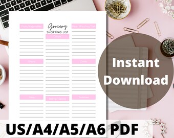 May include: Printable grocery shopping list template in US Letter, A4, A5, and A6 sizes. The list is divided into categories: Fruits/Vegetables, Grains, Dairy, Baking/Spices, Meat/Poultry/Fish, Drinks, and Other. The template is in black and white with pink accents.