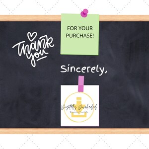 May include: A chalkboard with a thank you message, a green sticky note that says "For Your Purchase!" and a white card with a gold circle that says "Aspire to Inspired" and a small perfume bottle icon inside the circle. The text "Sincerely" is written on the chalkboard.