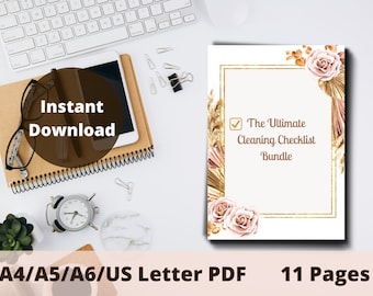 May include: A digital download of an 11-page cleaning checklist bundle. The cover features a gold frame with a white background and a floral design with pink roses and beige dried grasses. The text "The Ultimate Cleaning Checklist Bundle" is in black text.