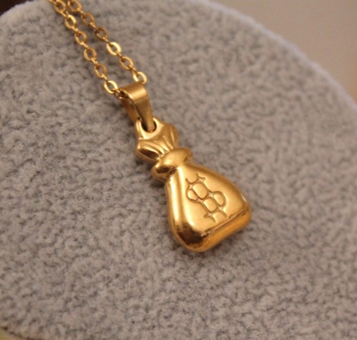 Money Bag Necklace Gold Money Bag Pendant Engraved Dollar Etsy