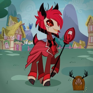 Puede incluir: Ilustraci&oacute;n de dibujos animados de una criatura roja y negra parecida a un poni con un peinado rojo, que lleva un traje y sostiene un bast&oacute;n con un orbe rojo. Una radio vintage con cuernos de ciervo est&aacute; en el suelo. El fondo presenta casas y monta&ntilde;as de dibujos animados.