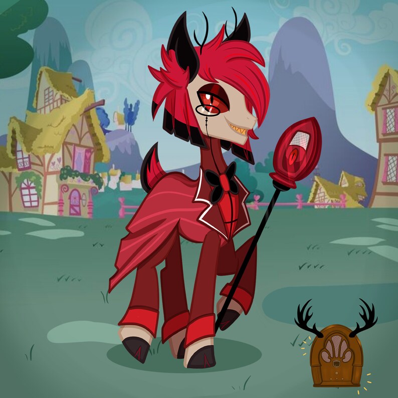 Puede incluir: Ilustraci&oacute;n de dibujos animados de una criatura roja y negra parecida a un poni con un peinado rojo, que lleva un traje y sostiene un bast&oacute;n con un orbe rojo. Una radio vintage con cuernos de ciervo est&aacute; en el suelo. El fondo presenta casas y monta&ntilde;as de dibujos animados.