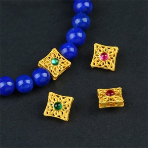1pc 18K Solid Gold CZ Gems Flat Square Bead, Solid Gold Square Bead, Geometric Bead, Flower Square Bead,Rhombus Spacer for Bracelet Necklace