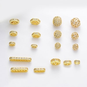 14K Gold Plated CZ Donut Bead, Wheel Bead, Roundelle Bead, Flat Round Bead, Hexagon Bead, Rectangle Bar Bead,Round Ball Bead,Bracelet Spacer