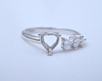 Sterling Silver Adjustable Heart Ring Setting, 6x6mm Gemstone Base
