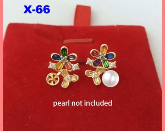 14K Gold Plated Enamel Flower Earring Post, Gold Tone Floral Earring Stud, Blossom Ear Post with Cup and Peg for Half Drilled Pearl Beads