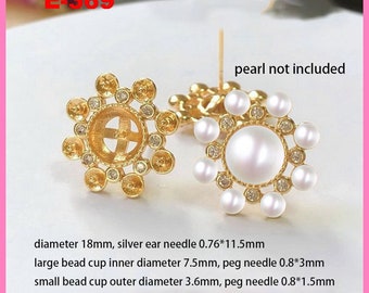 14K Gold Plated CZ Flower Earring Post, Gold Tone Floral Earring Stud, Blossom Ear Post with Cup and Peg for Half Drilled Pearl Beads