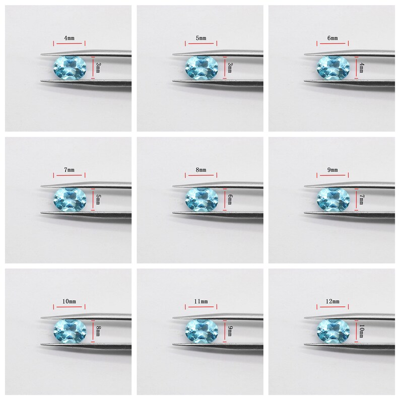 May include: Nine oval-shaped gemstones of varying sizes, ranging from 4mm to 12mm, are displayed in tweezers. The gemstones are a light blue color.