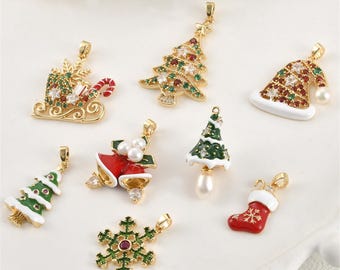14K Gold Plated Christmas Charms with CZ Pave, Enamel Reindeer Sleigh Christmas Tree Pendants, DIY Holiday Jewelry Supplies