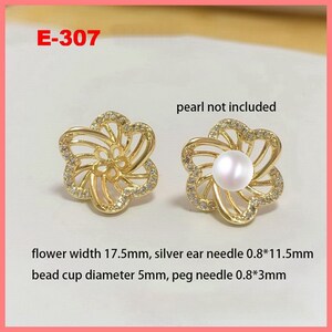 14K Gold Plated Flower Earring Post, Gold Tone Floral Earring Stud, Blossom Ear Post with Cup and Peg for Half Drilled Pearl,Earring Setting