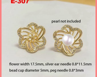 14K Gold Plated Flower Earring Post, Gold Tone Floral Earring Stud, Blossom Ear Post with Cup and Peg for Half Drilled Pearl,Earring Setting