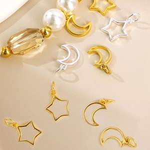 Sterling Silver Hollow Star Charm, Moon Pendant, Crescent Moon Necklace, Pentagram Bracelet, Twinkle Star Earrings,Five Pointed Star Jewelry