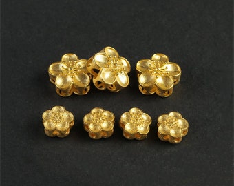 1pc 18K Solid Gold Plum Flower Beads, Solid Gold Floral Bead, Five Petal Flower Beads, Vintage Gold Bead, Blooming Spacer Beads for Bracelet