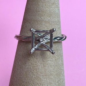 Spiralring-Fassung aus 925er Silber, quadratischer Ringkopf aus Silber, Ring mit vier Zacken und Kralle, quadratisches Lünette Ringband, Ringbasis 6 mm 7 mm 8 mm