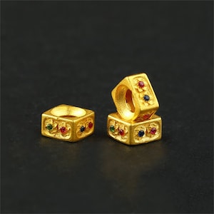 1pc 18K Solid Gold CZ Gems Flat Square Bead, Solid Gold Square Bead, Geometric Bead, Flower Square Bead, Large Hole Spacer for Bracelet