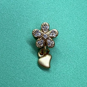 18K Gold Plated CZ Five Petals Flower Bead With Heart Drop,Matte Flower Bead,Double Side Floral Bracelet Necklace Bead,Blooming Spacer Bead