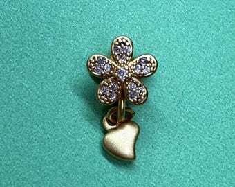18K Gold Plated CZ Five Petals Flower Bead With Heart Drop,Matte Flower Bead,Double Side Floral Bracelet Necklace Bead,Blooming Spacer Bead