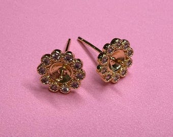 14K Gold Plated CZ Flower Earring Setting, Gold Tone Floral Earring Stud, Sector Ear Post w/ Cup Peg for Half Drilled Pearl, Earring Setting