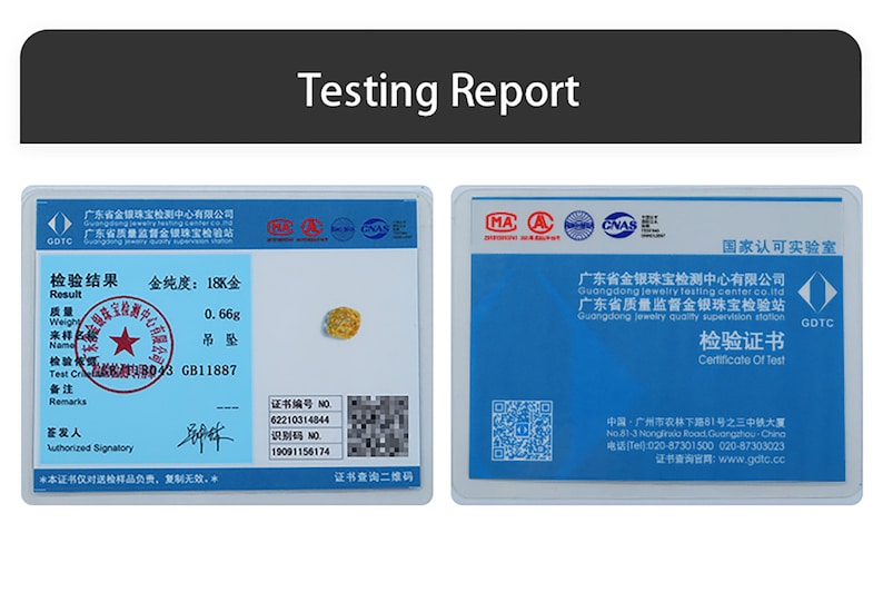 May include: A blue and white certificate of authenticity for a gold pendant. The certificate is from the Guangdong Jewelry Testing Center Co., Ltd. and includes the text "Certificate of Test" and "GDTC".