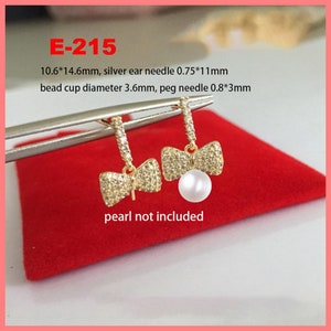 14K Gold Plated CZ Bow Earring Settings, Gold Tone Bowknot Earring Post, Ribbon Ear Post with Cup and Peg for Half Drilled Pearls Bead