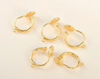 14K Gold Plated Copper Clip On Earring Setting, Spiral Ear Wire