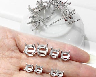 1pair Sterling Silver Four Prong Earring Post, Round Bezel Cup, Cabochon Setting, DIY Jewelry
