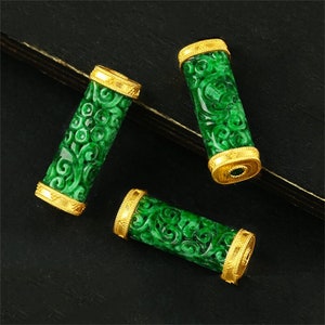 1pc 18K Solid Gold Green Jade Tube Beads, Solid Gold Flower Cylinder Tube Bead, Spiral Beads, Floral Bead,Vintage Gold Bead,Bracelet Spacer