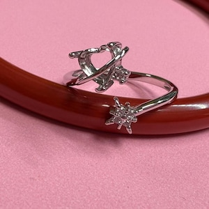 Sterlingzilveren planeet ringinstellingen, verlovingsring liefdeshart, ring met drie tanden met klauw, verstelbare ring, basis ring 6*6 mm
