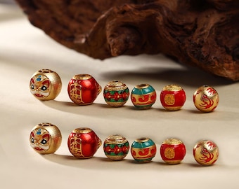 Cuenta redonda de mantra Om esmaltada en plata de ley bañada en oro, cuenta mala, cuenta budista, cuenta religiosa, espaciador de pulsera, Om mani padme hum