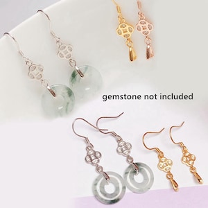 May include: Various dangle earrings with silver, gold, and rose gold finishes. The earrings feature a floral design and jade-like circular pendants. The text "gemstone not included" is visible.