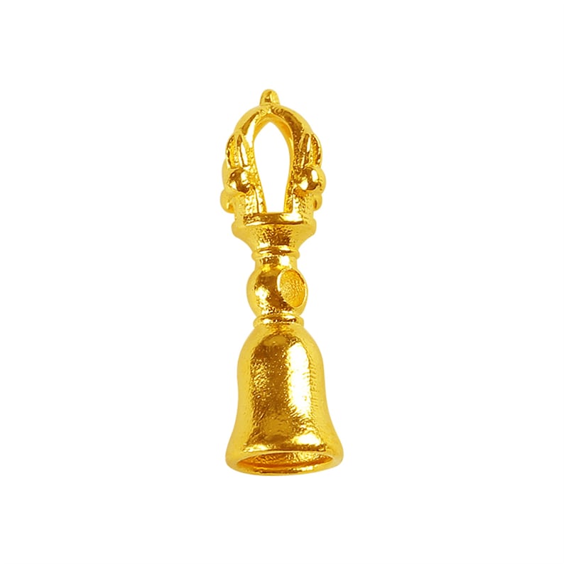 May include: A gold-colored bell charm with a decorative top. The bell has a smooth, rounded shape and a small hole at the top for attaching to a chain or cord.