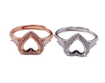 Sterling Silver Halo Heart Ring Settings, s925 Silver Engagement Heart Ring Head, Three Prong Ring setting w/ Claw, Adjustable Ring 8mm