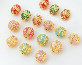 18K Gold Plated Enamel Round Flower Bead, Daisy Flower Bead, Sunflower Bead, Floral Spacer, Blossom Bead, Lucky Cloud Bead for Bracelet