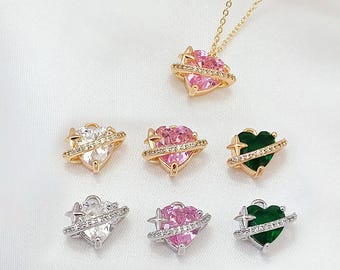 14K Gold Plated Copper CZ Heart Planet Charm, Love Charm, Celestial Charm, Birthstone Charm, Outer Space Charm, Bracelet & Necklace Charm