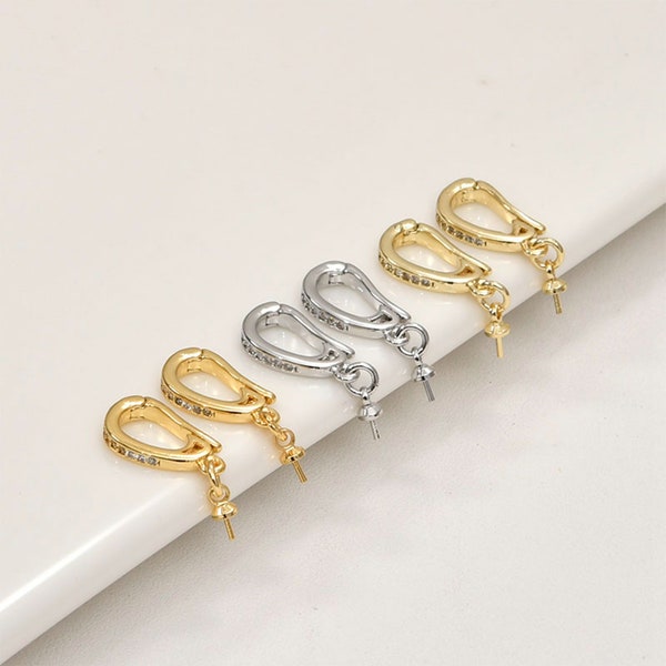 14k Gold Plated CZ Oval Clasp, Push Clasp, Hinged Ring Clasp, Spring Gate Clasp with Cup peg for Half Drilled Bead, Jewerly Fastener Clasp